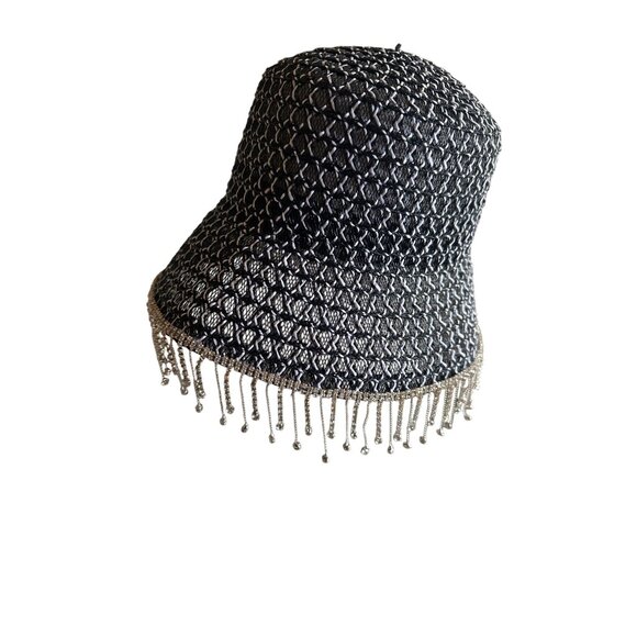 Black & Silver Textured Bucket Hat With Sparkle Beaded Fringe Trim One Size - Picture 1 of 3